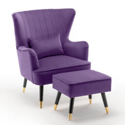 Velvet Purple Camila Accent Wingback Chair With Footstool - thumbnail 3