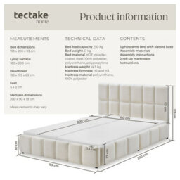 Tectake Upholstered Bed Set With Mattress, 2 Firmness Levels, 250 Kg 180 X 200 Cm -  30 Cm -  Teddy Cream - thumbnail 6