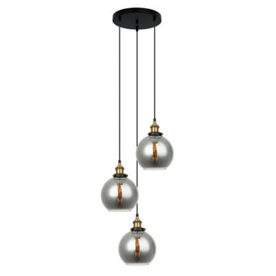 Luminosa Lighting Luminosa Industrial And Retro Hanging Pendant Black, Gold 3 Light  With Smoky Shade, E27 Dimmable