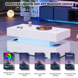 Hydraulic Lift Top Coffee Table With 2 Drawers And Led Lights, White - thumbnail 4