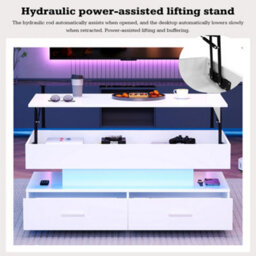 Hydraulic Lift Top Coffee Table With 2 Drawers And Led Lights, White - thumbnail 7
