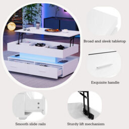 Hydraulic Lift Top Coffee Table With 2 Drawers And Led Lights, White - thumbnail 5