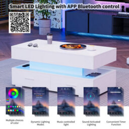 Hydraulic Lift Top Coffee Table With 2 Drawers And Led Lights, White - thumbnail 3