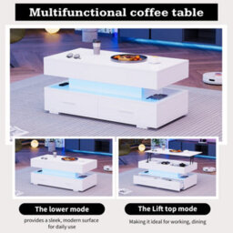 Hydraulic Lift Top Coffee Table With 2 Drawers And Led Lights, White - thumbnail 6