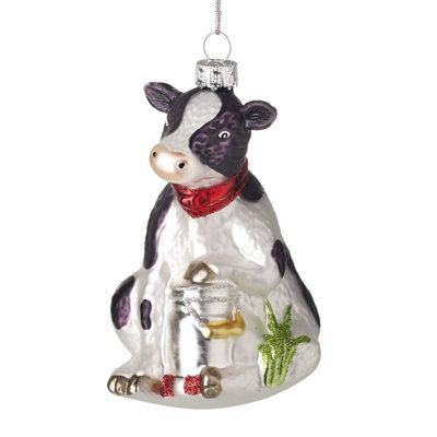 Heaven Sends Christmas Glass Cow With Bucket Hanging Tree Decoration, 12 X 7 Cm, Silver Finish