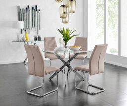 Furniturebox Uk Novara Chrome Metal And Glass Large Round Dining Table And 4 Cappuccino Beige Lorenzo Chairs Set