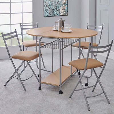 Greenhurst Stowaway Dining Set, Oak Drop Down Table With Silver Frame, Four Folding Chairs Stack Underneath, Compact Footprint