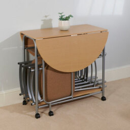 Greenhurst Stowaway Dining Set, Oak Drop Down Table With Silver Frame, Four Folding Chairs Stack Underneath, Compact Footprint - thumbnail 2