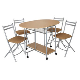 Greenhurst Stowaway Dining Set, Oak Drop Down Table With Silver Frame, Four Folding Chairs Stack Underneath, Compact Footprint - thumbnail 3