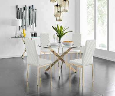 Furniturebox Uk Novara 120Cm Gold Round Dining Table And 4 White Gold Leg Milan Chairs - image 1