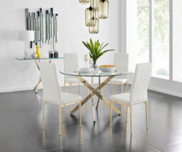 Furniturebox Uk Novara 120Cm Gold Round Dining Table And 4 White Gold Leg Milan Chairs - thumbnail 1