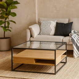 Wyld Haus Wrenna Square Coffee Table With Tempered Glass Top And Oak Effect Shelves, Black Frame - thumbnail 2
