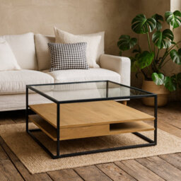 Wyld Haus Wrenna Square Coffee Table With Tempered Glass Top And Oak Effect Shelves, Black Frame - thumbnail 1