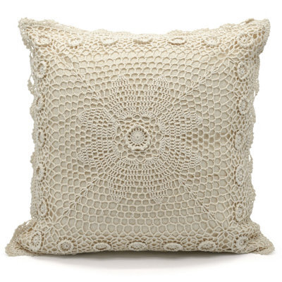 Ashley Mills Crochet Lace Embellished Cushion, Handcrafted Look With Vintage Charm, Sofa And Bed Cushion With Zip Closure - Tan
