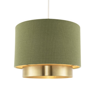 Happy Homewares Olive Green Linen Fabric Pendant Shade With Brushed Gold Metal Ring - image 1