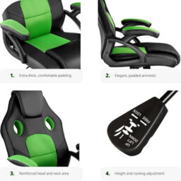 Tectake Gaming Chair Mike - Ergonomic Shape, Thick Padding, Stepless Height Adjustment - Black/green - thumbnail 3