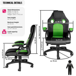 Tectake Gaming Chair Mike - Ergonomic Shape, Thick Padding, Stepless Height Adjustment - Black/green - thumbnail 6