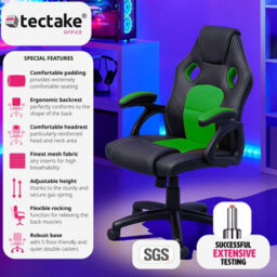 Tectake Gaming Chair Mike - Ergonomic Shape, Thick Padding, Stepless Height Adjustment - Black/green - thumbnail 2
