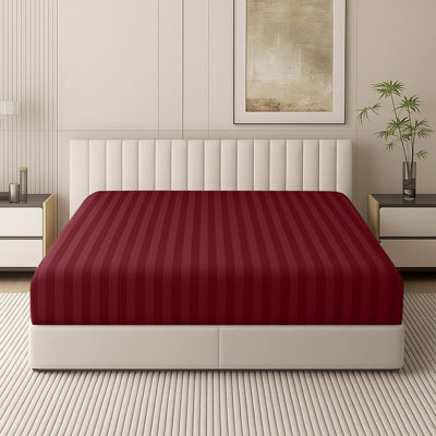 Oxford Homeware Burgundy Satin Stripe Fitted Sheet 40Cm Extra Deep Pocket Soft Easy Care Bedding Sheet (W)152Cmx(L)200Cm (King) - image 1