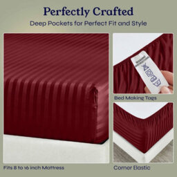 Oxford Homeware Burgundy Satin Stripe Fitted Sheet 40Cm Extra Deep Pocket Soft Easy Care Bedding Sheet (W)152Cmx(L)200Cm (King) - thumbnail 4