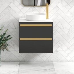 Royal Bathrooms Orion 600mm Matt Obsidian Black Wall Hung Plain White Countertop Vanity Unit 2 Drawer With Art Basin & Brushed Brass Accent Trim - thumbnail 2