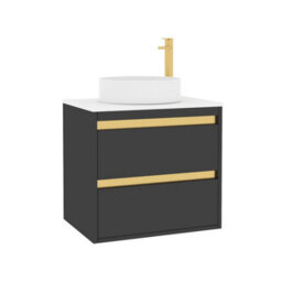 Royal Bathrooms Orion 600mm Matt Obsidian Black Wall Hung Plain White Countertop Vanity Unit 2 Drawer With Art Basin & Brushed Brass Accent Trim - thumbnail 6