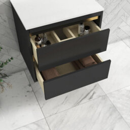 Royal Bathrooms Orion 600mm Matt Obsidian Black Wall Hung Plain White Countertop Vanity Unit 2 Drawer With Art Basin & Brushed Brass Accent Trim - thumbnail 4