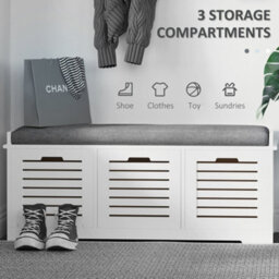 Homcom 3-Door Shoe Storage Bench Cushion Seat Slatted Doors, White - thumbnail 4