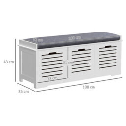 Homcom 3-Door Shoe Storage Bench Cushion Seat Slatted Doors, White - thumbnail 3