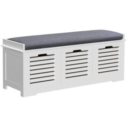 Homcom 3-Door Shoe Storage Bench Cushion Seat Slatted Doors, White - thumbnail 2