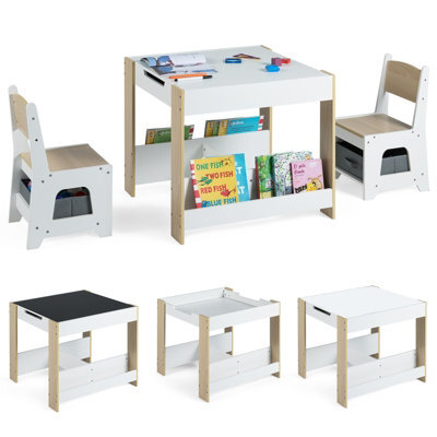 Gainoom Kids Natural Table And Chairs Set Toddler Wooden Activity Desk W/ Reversible Tabletop - image 1