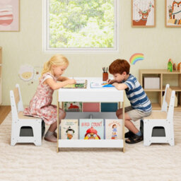 Gainoom Kids Natural Table And Chairs Set Toddler Wooden Activity Desk W/ Reversible Tabletop - thumbnail 3