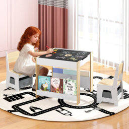 Gainoom Kids Natural Table And Chairs Set Toddler Wooden Activity Desk W/ Reversible Tabletop - thumbnail 7