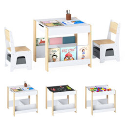 Gainoom Kids Natural Table And Chairs Set Toddler Wooden Activity Desk W/ Reversible Tabletop - thumbnail 2