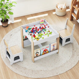 Gainoom Kids Natural Table And Chairs Set Toddler Wooden Activity Desk W/ Reversible Tabletop - thumbnail 6