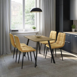 Urbn-Living Urbn Living 110Cm Dining Table & 4 Pcs Velvet Chairs Set Modern Metal Kitchen Furniture Oak Table And Curly Yellow Chair - thumbnail 3