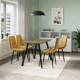 Urbn-Living Urbn Living 110Cm Dining Table & 4 Pcs Velvet Chairs Set Modern Metal Kitchen Furniture Oak Table And Curly Yellow Chair - thumbnail 2