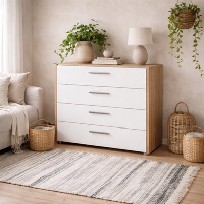 Wyld Haus Daejeon 4-Drawer Chest White Gloss Fronts With Natural Oak Effect Frame - image 1