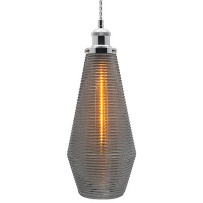 Long Life Lamps Company Retro Chrome Ceiling Pendant Light Ribbed Smoked Grey Glass Lamp Shade K421 - image 1