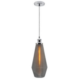 Long Life Lamps Company Retro Chrome Ceiling Pendant Light Ribbed Smoked Grey Glass Lamp Shade K421 - thumbnail 3