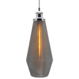 Long Life Lamps Company Retro Chrome Ceiling Pendant Light Ribbed Smoked Grey Glass Lamp Shade K421