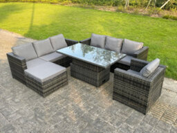 Fimous 8 Seater Outdoor Rattan Sofa Set Adjustable Rising Lifting Dining Table Side Coffee Table Chairs Footstool Dark Grey Mixed - thumbnail 2