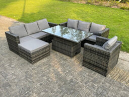 Fimous 8 Seater Outdoor Rattan Sofa Set Adjustable Rising Lifting Dining Table Side Coffee Table Chairs Footstool Dark Grey Mixed - thumbnail 1