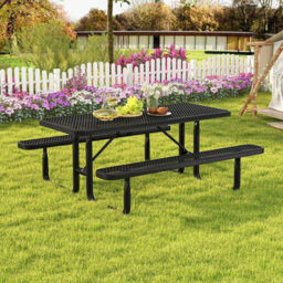 Gainoom Outdoor Picnic Table & Bench Set For 8 184 Cm Coated Steel Rectangular Camping Table With Seats & Mesh Grid - thumbnail 4