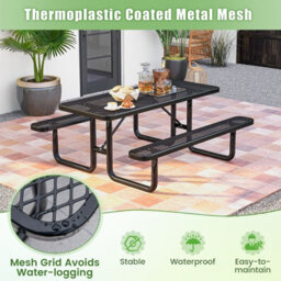 Gainoom Outdoor Picnic Table & Bench Set For 8 184 Cm Coated Steel Rectangular Camping Table With Seats & Mesh Grid - thumbnail 6