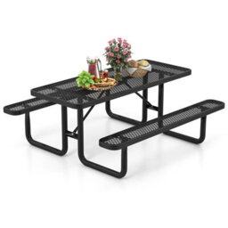 Gainoom Outdoor Picnic Table & Bench Set For 8 184 Cm Coated Steel Rectangular Camping Table With Seats & Mesh Grid