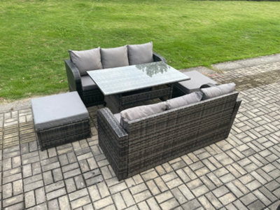 Fimous Patio Rattan Garden Furniture Set With Oblong Rectangular Dining Table 2 Big Footstool 5 Pieces Outdoor Lounge Sofa Set - image 1