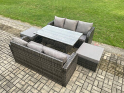 Fimous Patio Rattan Garden Furniture Set With Oblong Rectangular Dining Table 2 Big Footstool 5 Pieces Outdoor Lounge Sofa Set - thumbnail 2