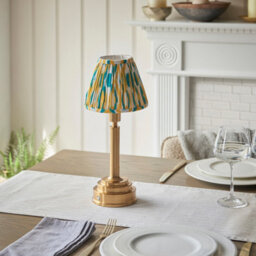 Luminosa Lighting Luminosa Upton Rechargeable Brushed Aged Brass Plate With Yellow Table Lamp With Jade Fabric Ikat Shade 16Cm Integrated Led - thumbnail 3