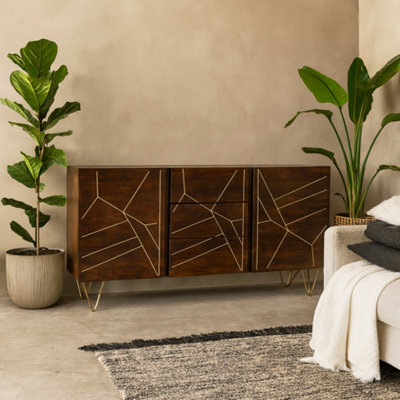 Wyld Haus Bandung Dark Mango Wood And Gold Sideboard Large 3 Drawers 2 Doors - image 1